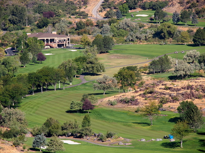 [Freshly mowed greens with trees lining the edges. The clubhouse is visible in the background.]